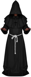 Black Medieval Monk Robe – Hooded Cloak with Rope Belt & Cross Necklace for Halloween & Cosplay ✝️🖤