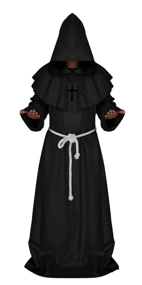 Black Medieval Monk Robe – Hooded Cloak with Rope Belt & Cross Necklace for Halloween & Cosplay ✝️🖤