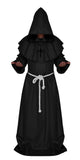 Black Medieval Monk Robe – Hooded Cloak with Rope Belt & Cross Necklace for Halloween & Cosplay ✝️🖤