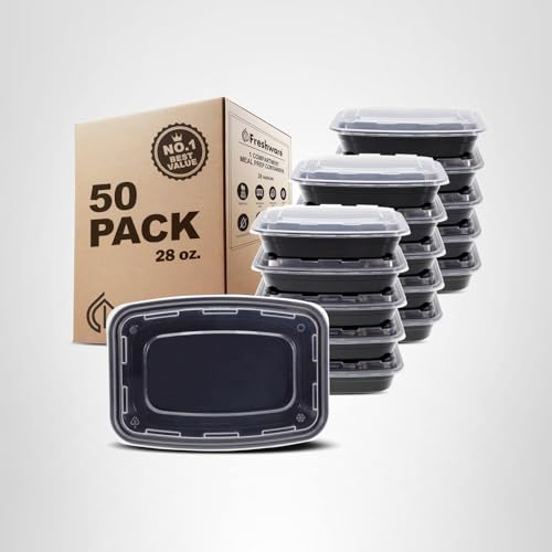 Freshware 28oz Meal Prep Containers – 50 Pack, BPA-Free Bento Lunch Boxes