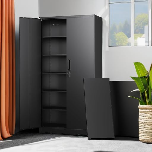 LETAYA Heavy-Duty Metal Storage Cabinet with Locking Doors – Tall Steel Locker with Adjustable Shelves for Garage & Office (Black)
