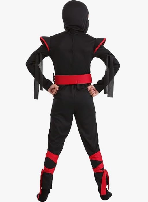 Kids Stealth Ninja Costume – Black Hooded Jumpsuit with Red Trim & Foam Armor Pads (Size Small 6–8)