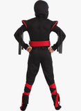 Kids Stealth Ninja Costume – Black Hooded Jumpsuit with Red Trim & Foam Armor Pads (Size Small 6–8)