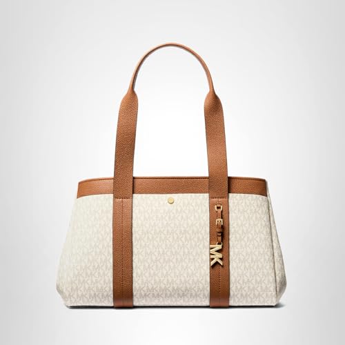 Michael Kors Romee Large Logo Tote Bag – Canvas & Leather Carryall with Gold-Tone Hardware (Vanilla/Acorn)