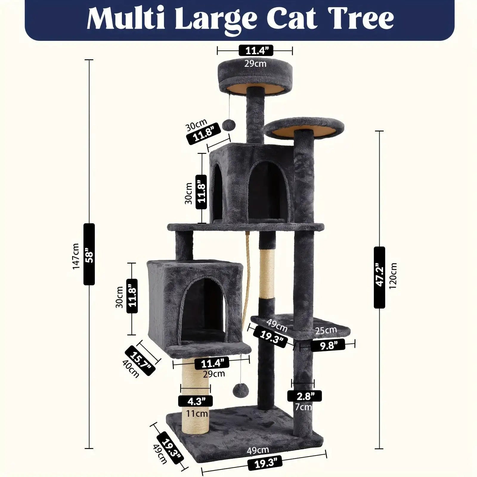 Dark Grey Multi-Level Cat Tree – Scratching Posts, Cozy Houses & Hanging Toys - PulinGO