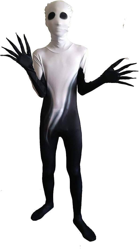 Kids Shadow Demon Halloween Costume – Unisex Black & White Ghost Bodysuit with Hood for Boys & Girls