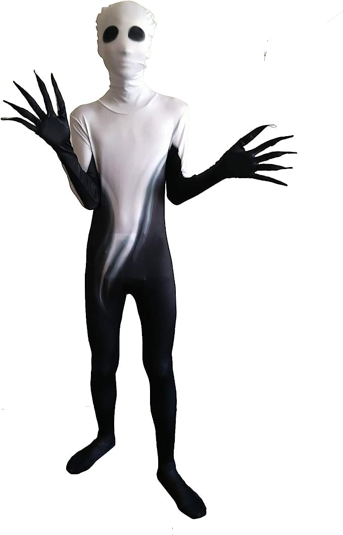 Kids Shadow Demon Halloween Costume – Unisex Black & White Ghost Bodysuit with Hood for Boys & Girls
