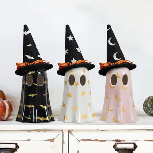 Ceramic Ghost Halloween Décor Set – 3-Piece Light Yellow Ghost Figurines with Witch Hats & Tea Lights