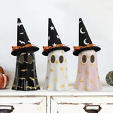 Ceramic Ghost Halloween Décor Set – 3-Piece Light Yellow Ghost Figurines with Witch Hats & Tea Lights