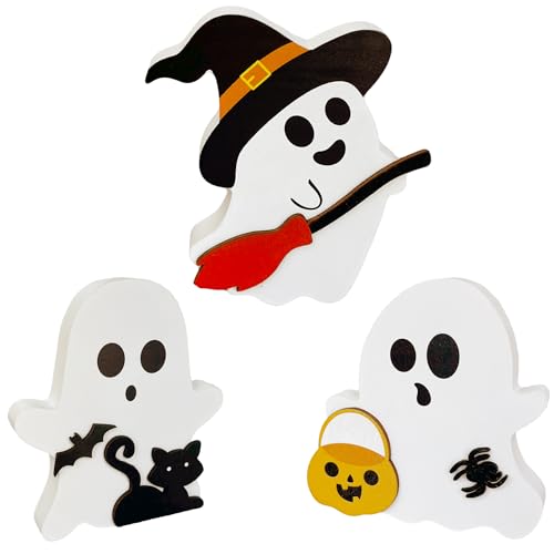 Wooden Ghost Figurines Set – Hand-Painted White Halloween Tabletop Decor for Home, Shelf & Party Display