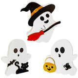 Wooden Ghost Figurines Set – Hand-Painted White Halloween Tabletop Decor for Home, Shelf & Party Display