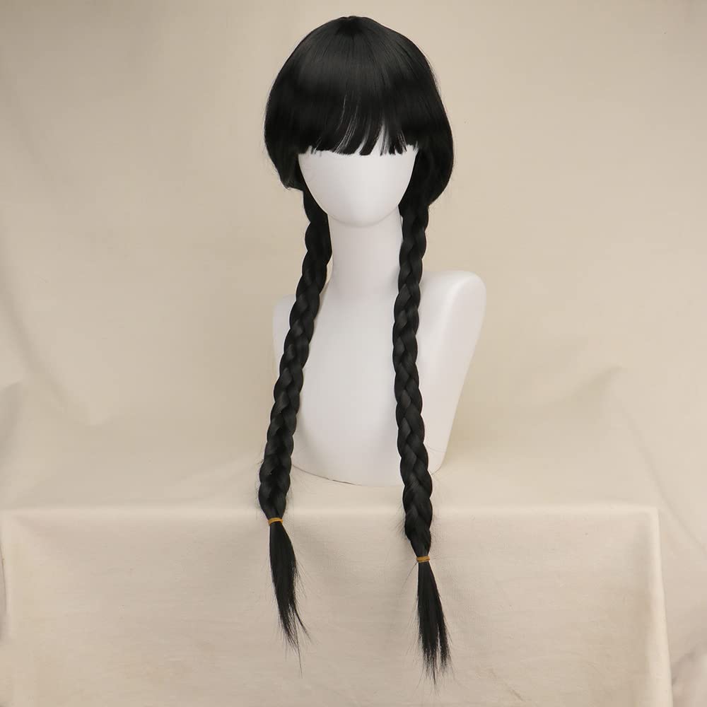 Wednesday Addams Braided Wig for Women & Girls – Realistic Black Synthetic Hair for Halloween & Cosplay