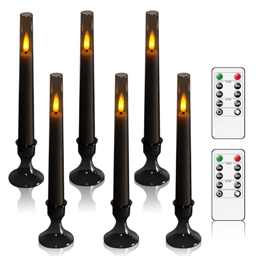 Grey Flameless Taper Candles with Remote – 6-Pack Flickering LED Candles for Weddings, Parties & Home Decor (9.45”)