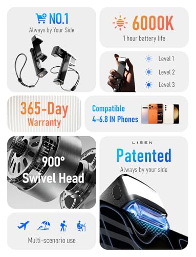 LISEN Airplane Phone Holder Stand with Adjustable Light & Universal Clip – Pocket Size Travel Phone Mount Black