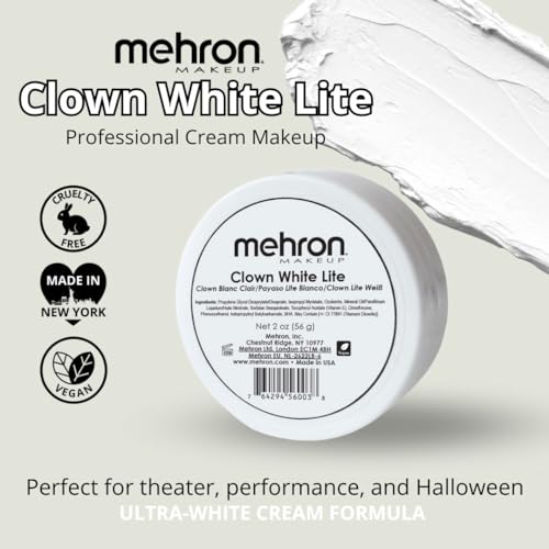 Mehron Clown White Lite – Professional Ultra-White Cream Makeup for Clowns, Mimes & Performers