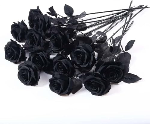 Artificial Black Roses – 12PCS 21" Long Stem Silk Flowers for Halloween, Gothic Wedding & Home Decor