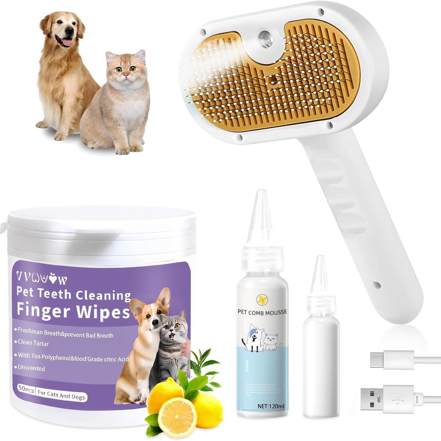 Universal 3-in-1 Pet Steam Brush – Spray Hair Removal Comb with Waterless Shampoo & Ear Cleaning Towel for Dogs & Cats