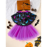 Little Girls 2PCS Halloween Outfit – Sleeveless Tulle Dress with Hooded Cloak Costume Set