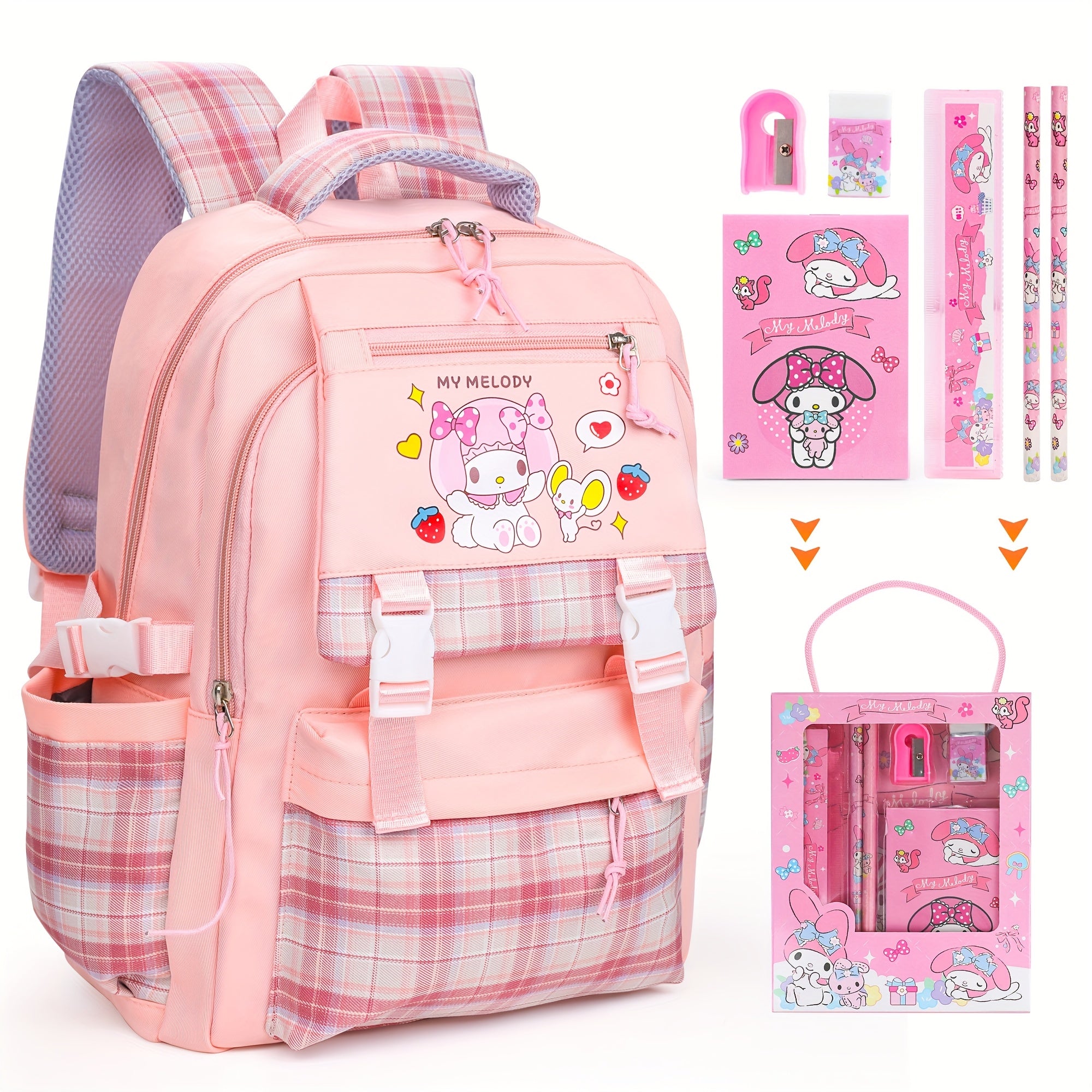 Sanrio Hello Kitty Large Capacity Backpack Set – Pink Cartoon Backpack with Stationery Bundle & Adjustable Straps