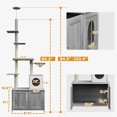 PawHut 2-in-1 Cat Tree with Litter Box Enclosure – Floor-to-Ceiling Cat Tower with Condo, Hammock, Scratching Posts & Platforms (Gray)