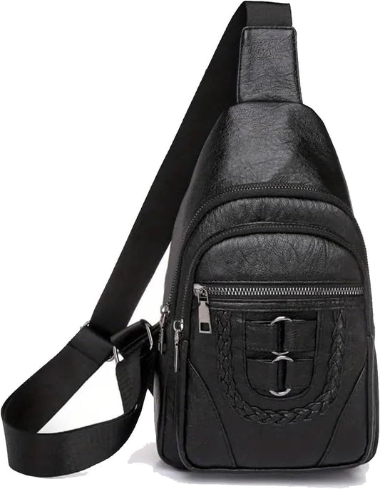 Women’s Sling Bag 🎒 Multi-Pocket Crossbody Purse – Vegan Retro Leather Braided Backpack for Travel