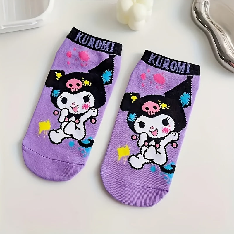 Sanrio Kuromi 5-Pack Women’s Cute Cartoon Short Socks – Bright Purple, Soft Polyester Blend, Spring-Summer-Fall Everyday