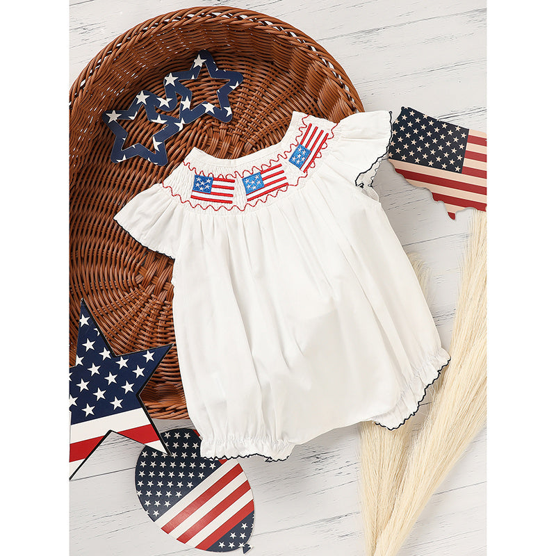 Baby Girl 4th of July Bubble Romper – Smocked Fly Sleeve Bodysuit 🇺🇸