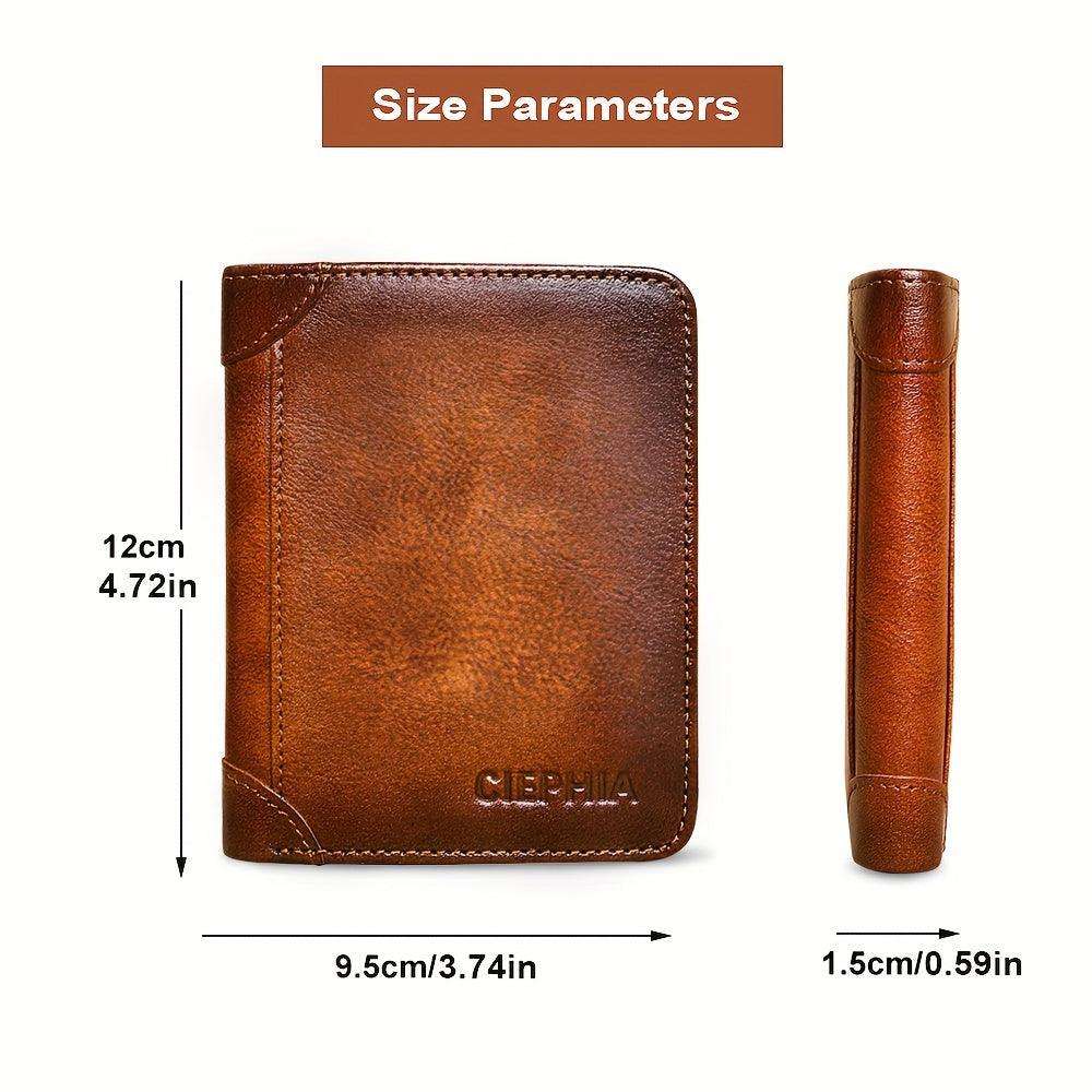 RFID Blocking Trifold Genuine Leather Wallets For Men, Top Layer Cowhide Vintage Short Multi Function Credit Card Holder, Money Clips With 2 ID Windows Valentine'S Day Gifts For Men - PulinGO