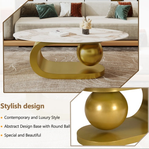 Modern Oval Sintered Stone Coffee Table - 47" Marble Pattern Top with Gold Stainless Steel Base | Luxury Living Room Furniture