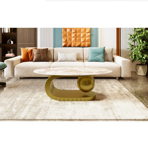 Modern Oval Sintered Stone Coffee Table - 47" Marble Pattern Top with Gold Stainless Steel Base | Luxury Living Room Furniture