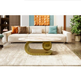 Modern Oval Sintered Stone Coffee Table - 47" Marble Pattern Top with Gold Stainless Steel Base | Luxury Living Room Furniture