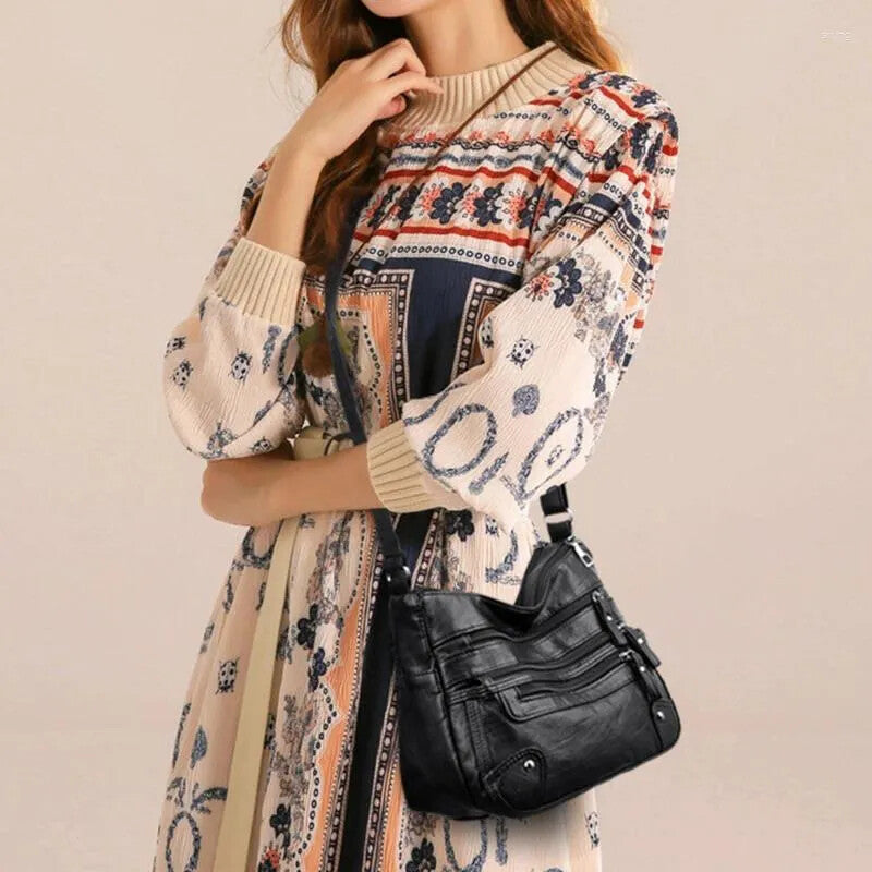 Women’s Large Capacity Shoulder Bag – Washed Leather Messenger with Multi Zipper Design