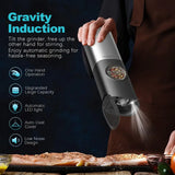USB Rechargeable Ultrean Gravity Electric Salt And Pepper Grinder Set - Adjustable Fineness, Stainless Steel, One Handed Operation, Auto Dust Lids, LED Light, Dual Charging Base - PulinGO