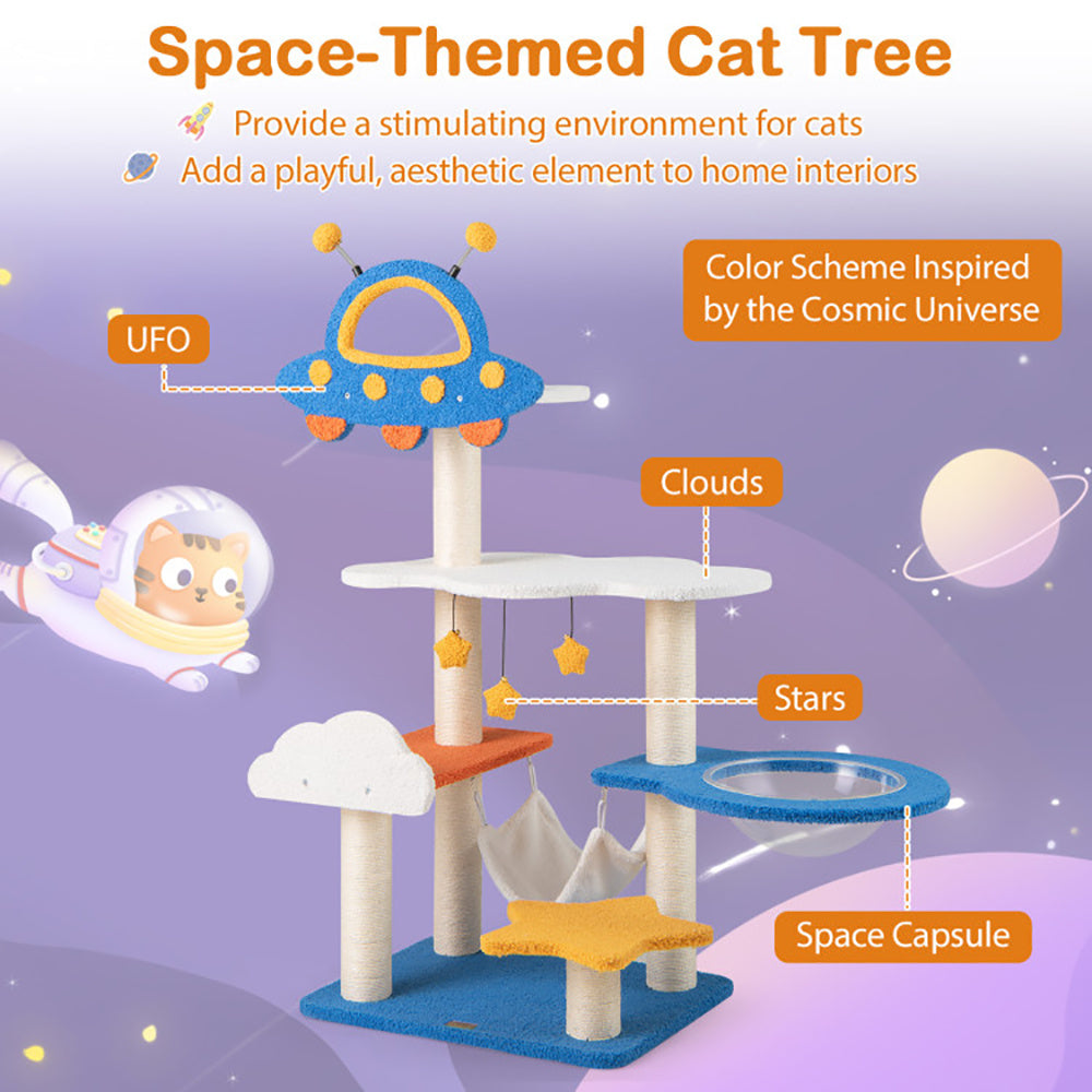 49" Tall Cat Tree Tower with UFO Space Capsule Top Perch & Sisal Scratching Posts – Multi-Level Indoor Cat Furniture