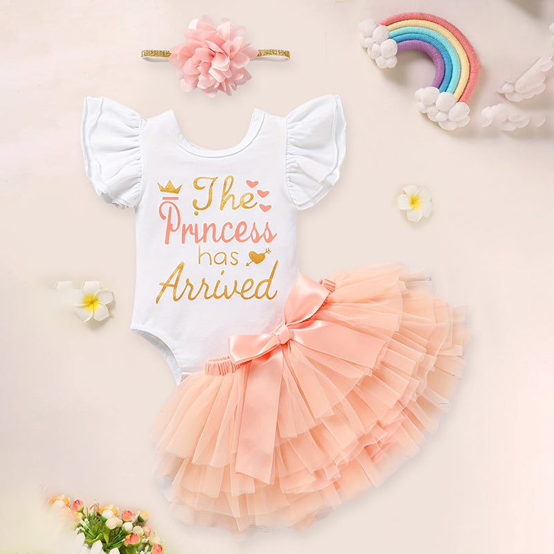 Newborn Baby Girl Outfit Set – Letter Print Romper, Tutu Skirt & Matching Headband | Coming Home Clothes