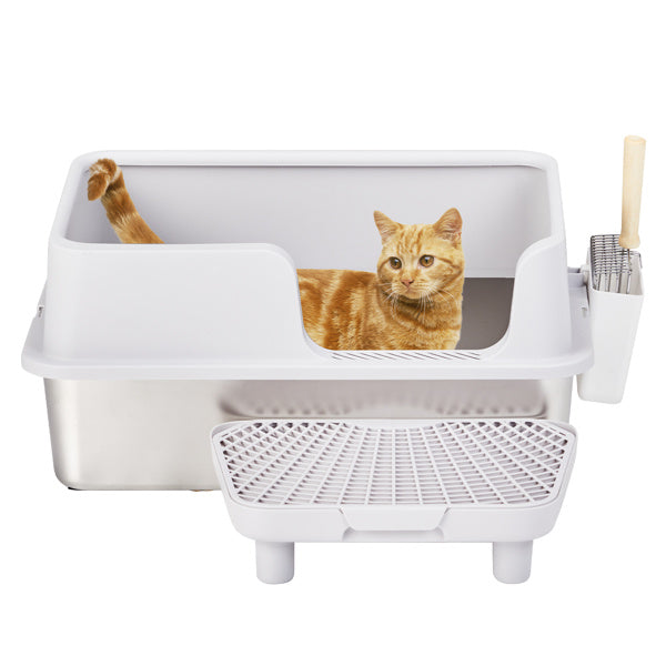 Extra-Large Stainless Steel & Plastic Litter Box with Snap-On Enclosure, Spatula & Foot Pad – Grey (61 × 40 × 33 cm)