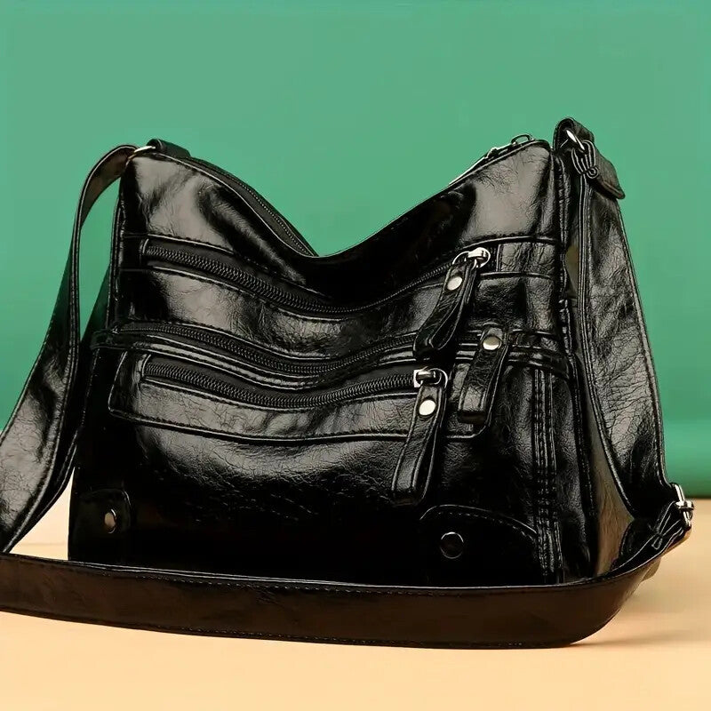 Women’s Large Capacity Shoulder Bag – Washed Leather Messenger with Multi Zipper Design