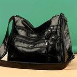 Women’s Large Capacity Shoulder Bag – Washed Leather Messenger with Multi Zipper Design