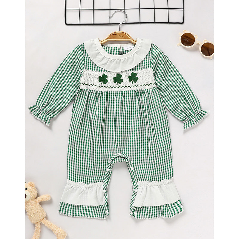 Newborn Baby Girl Long Sleeve Bodysuit – Green Plaid Clover Print One-Piece Outfit