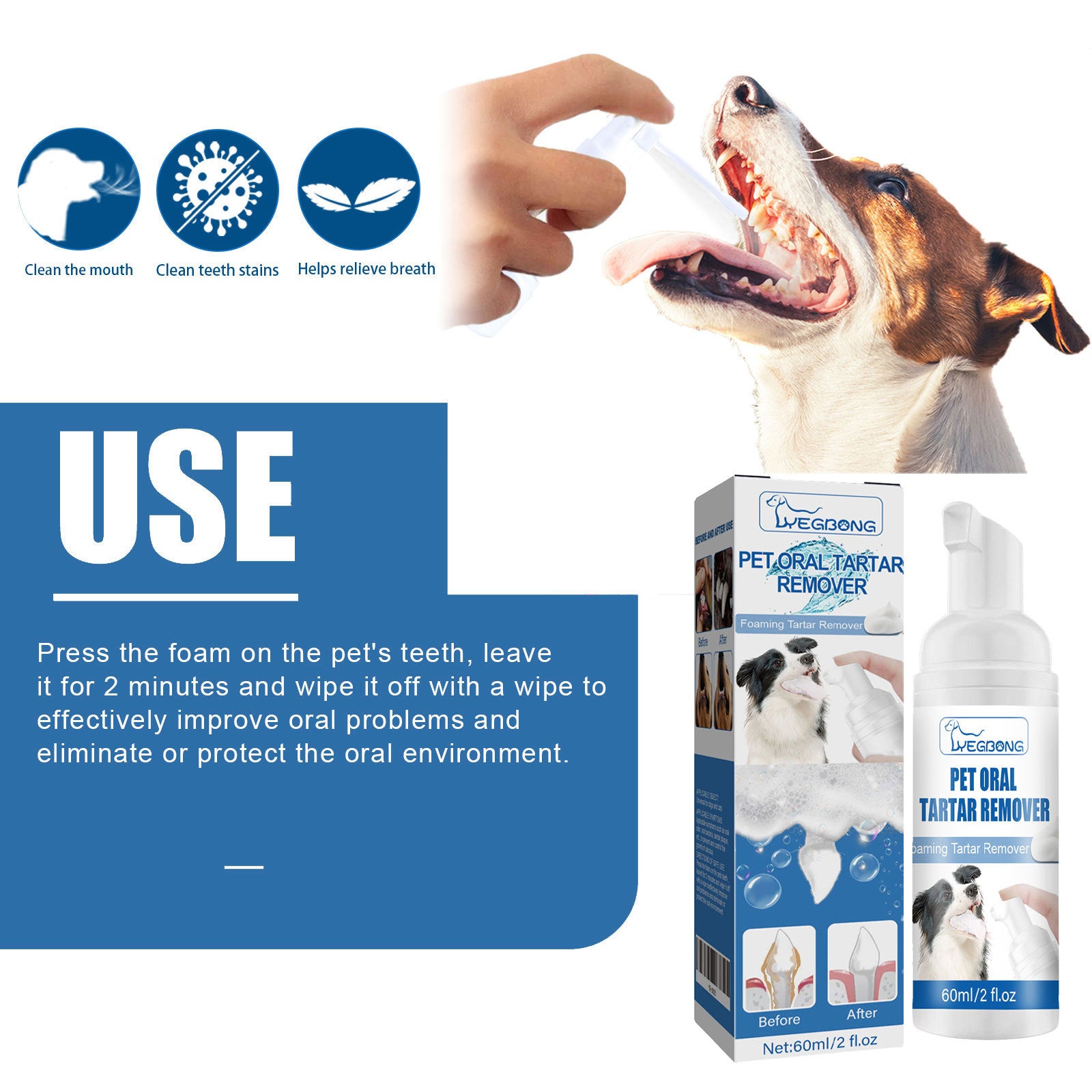 Dental Foam Cleaner for Pets – Brightens Yellow Teeth, Removes Calculus & Freshens Breath with Gentle Formula