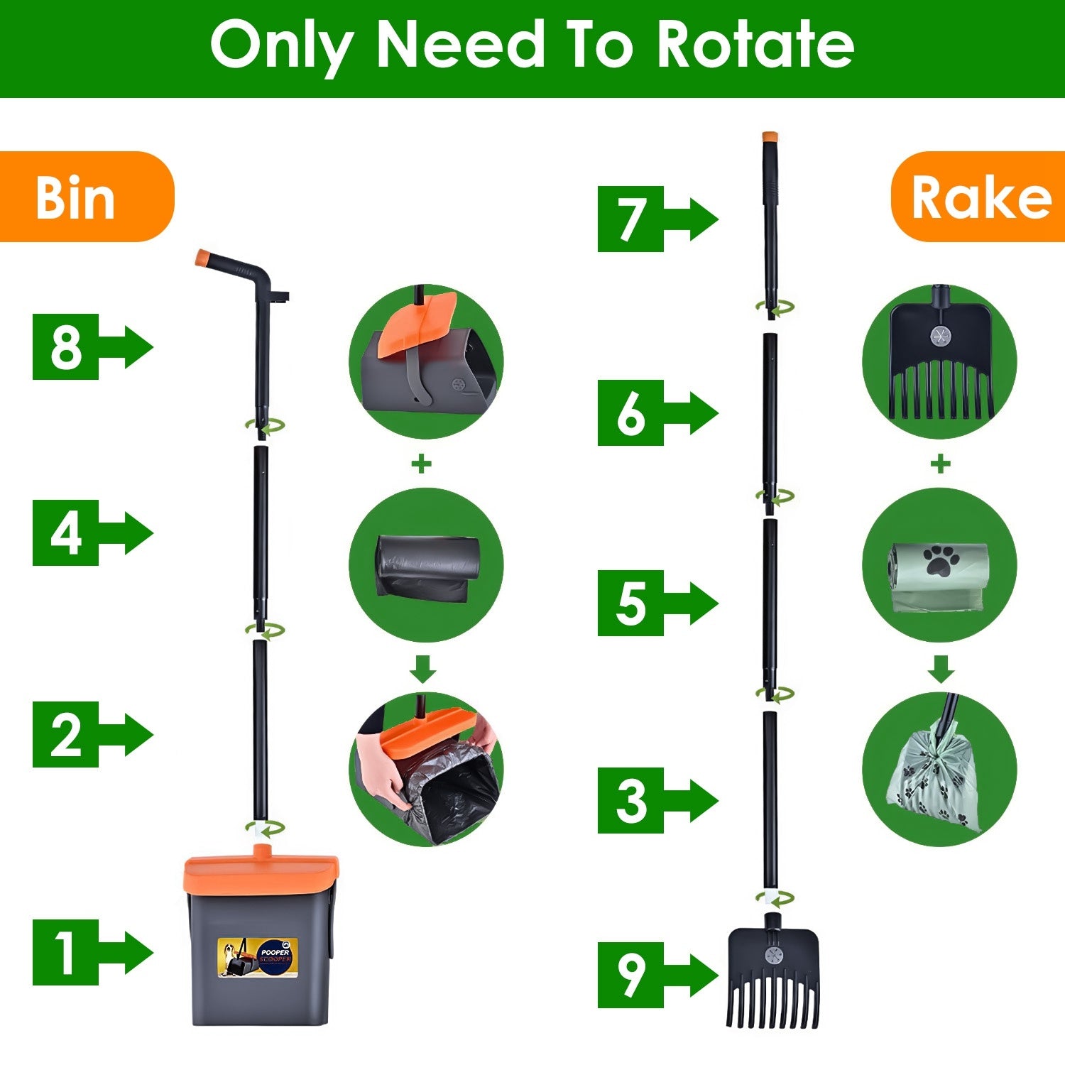 Heavy-Duty Pooper Scooper Kit – Extra-Long Rake & Swivel Bin with 35 Waste Bags & Dispenser
