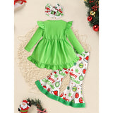 Toddler Baby Girls Christmas Clothes Ruffle Long Sleeve Heart Print Top, Flared Pants & Matching Headband Outfit Set