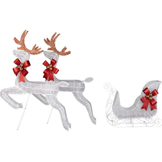3-Piece Lighted Set – 2 Reindeer & Sleigh with 270 Pre-lit White LEDs, Weather-Proof Outdoor Christmas Decoration with Stakes