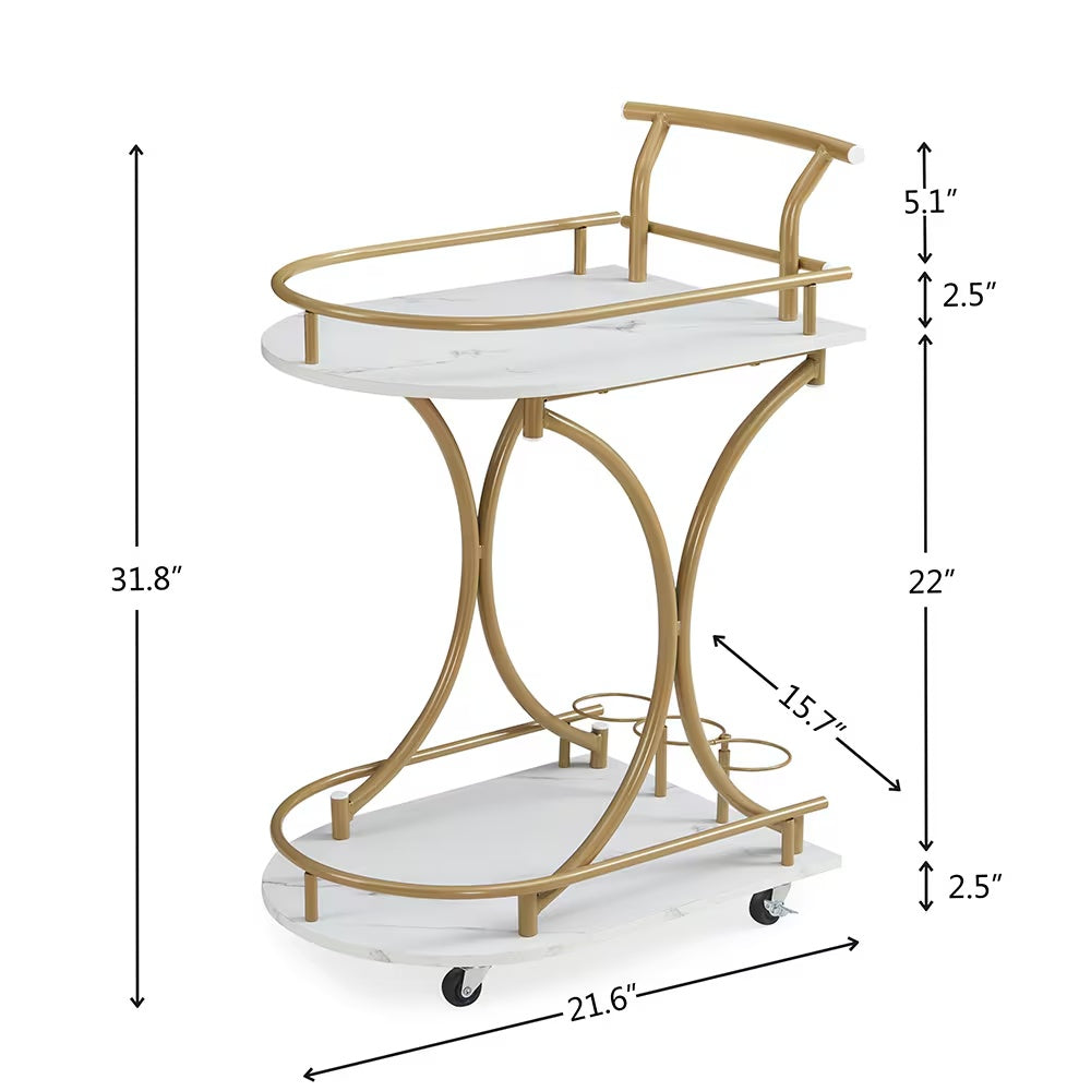 2-Tier Rolling Bar Cart with Wine Rack - Gold Metal & Mirror Serving Trolley