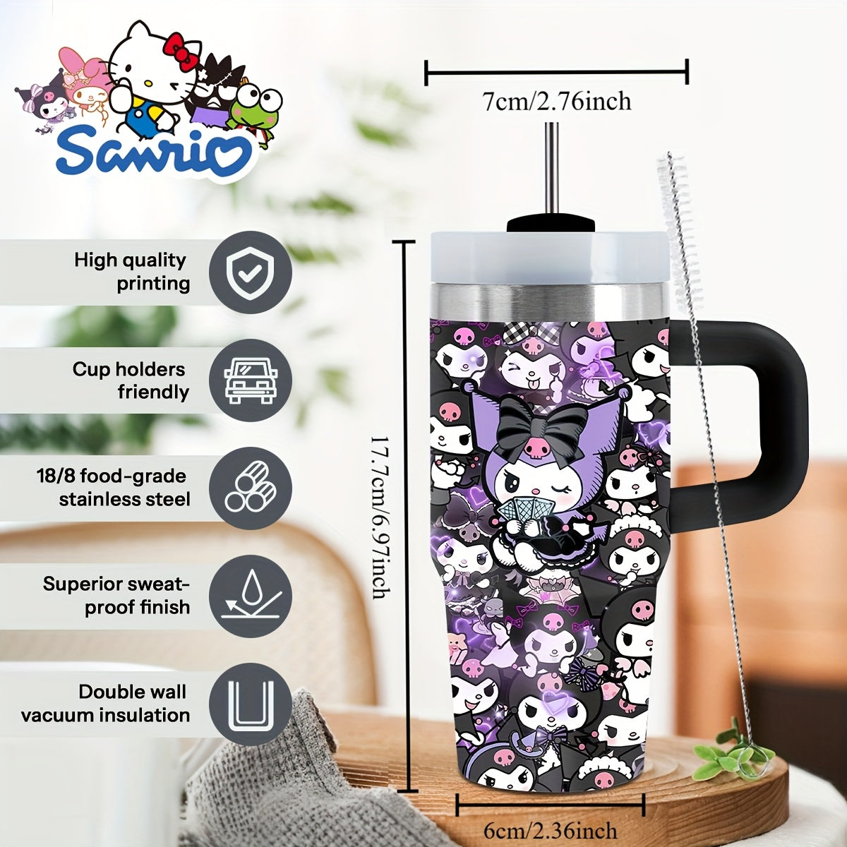 Sanrio 14 oz Stainless Steel Insulated Water Bottle with Handle & Straw – BPA-Free, Travel & Family Gift