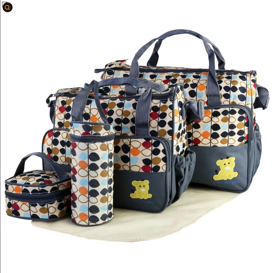 5PCS Baby Diaper Bag Set 👶 Nappy Tote with Changing Pad, Insulated Pockets & Shoulder Bags – Travel & Mummy Organizer