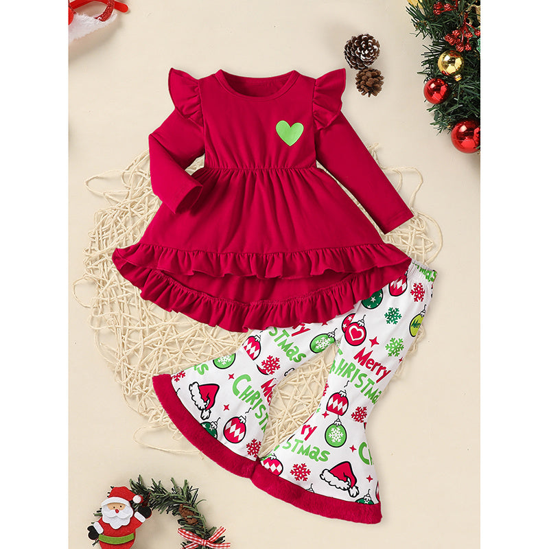 Toddler Baby Girls Christmas Clothes Ruffle Long Sleeve Heart Print Top, Flared Pants & Matching Headband Outfit Set