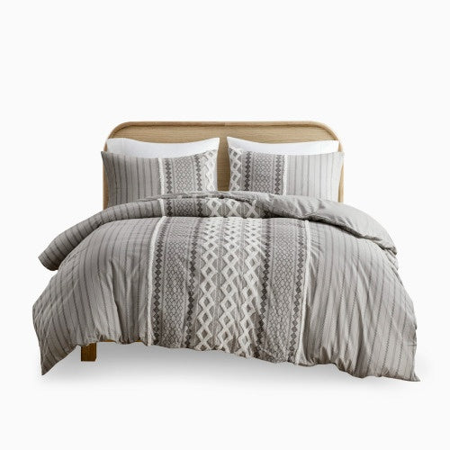 Full/Queen Cotton Printed Duvet Cover Set with Chenille – Includes Duvet Cover & 2 Shams, Tufted Chenille Front, Soft 100% Cotton, Button Closure