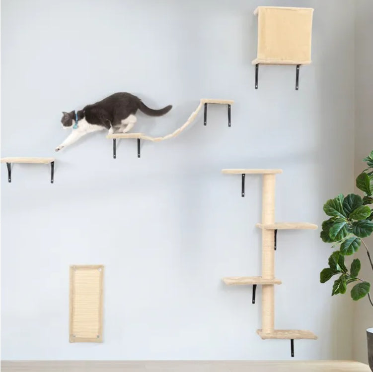 5-Piece Wall-Mounted Cat Climber Set – Floating Cat Shelves, Perches & Scratching Posts, Modern Activity Tree Furniture