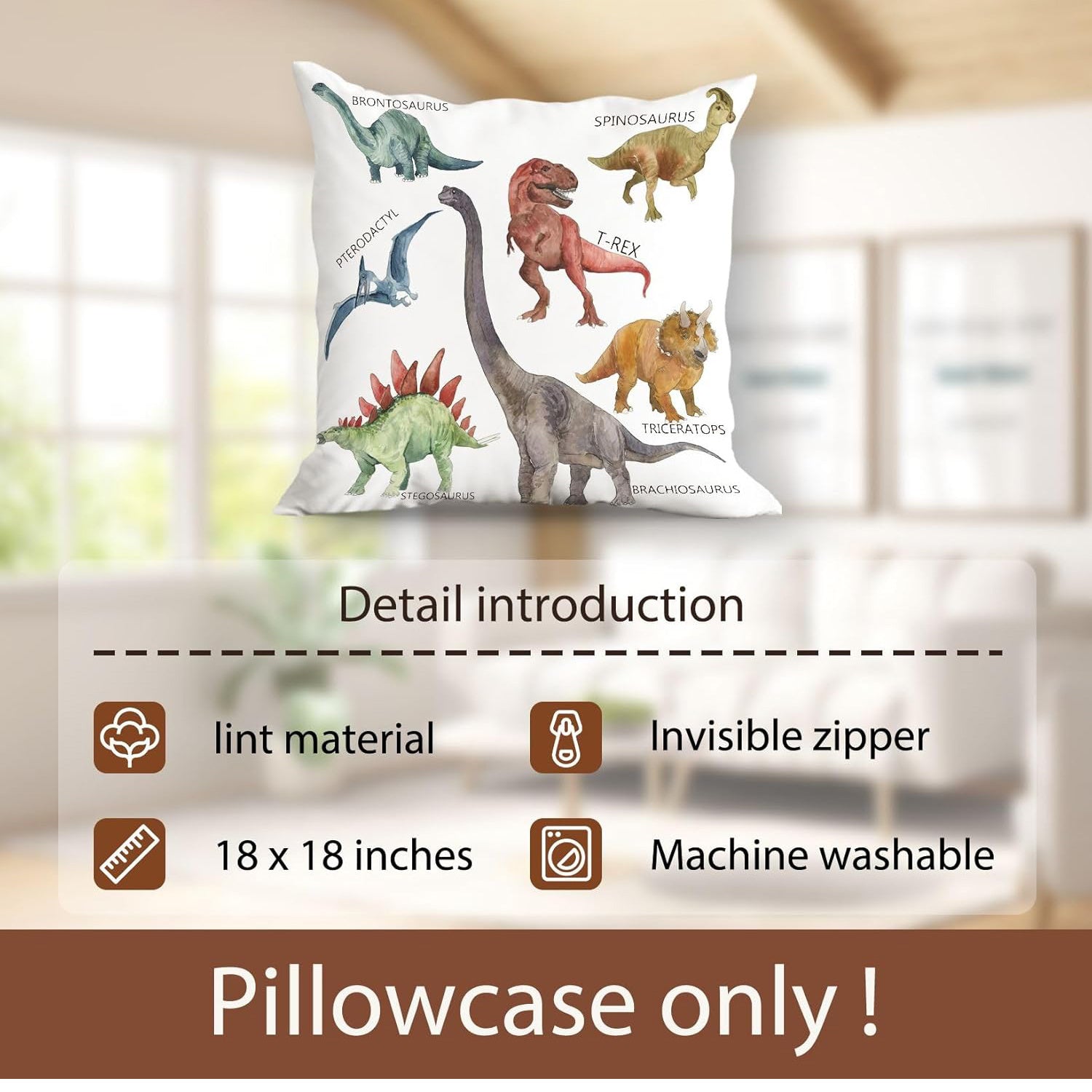 Wild Dinosaur Pillow Cover – 18”×18” Square Cotton-Poly Blend with Tyrannosaurus, Brachiosaurus & Triceratops for Boys’ Room Decor
